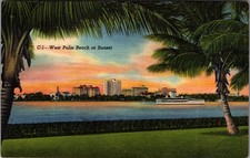 1938 West Palm Beach Florida Sunset Linen Postcard Skyline Waterfront picture