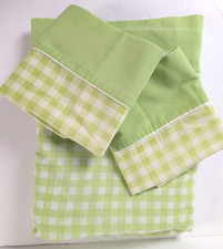 Vtg JCPenney Fashion Manor Green Gingham Flat Sheet Queen Pillowcases White 3pc picture