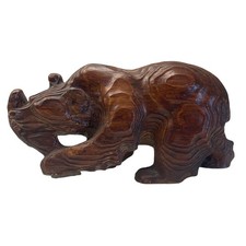 Hand Carved Solid Wood Bear w/ Salmon Figurine Brown Rustic Cabin Decor Grizzly picture