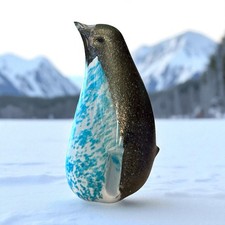 Viterra Art Glass Penguin Collection Black Turquoise White Figurine 6” Tall picture