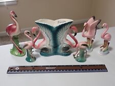 Mid-Century Modern MCM Vintage 6pc Ceramic Flamingo Lot - 5 Figurines + Planter picture