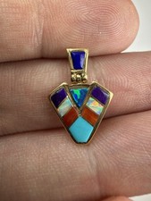 Vintage 14k Solid Gold Native Indian Inlay Sugilite Turquoise Opal Coral Pendant picture