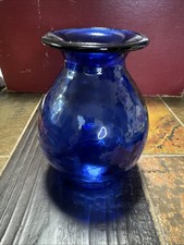 Vintage Cobalt Blue Mold Blown Glass Vase Bulbous Flared Rim Ground Base 7” Tall picture