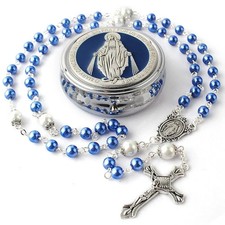New Beautiful Rosary Glass Bead Blue & Polished Silver-tone Case Vision of Mary picture