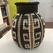 Wounaan Style Handwoven Basket Square Motif Panama Chunga Palm Tribal Art Vase picture