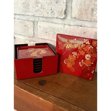 Vintage Otagiri Japan Lacquerware Coasters Red & Gold Floral Set of 6 w/ Case picture