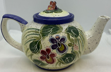 Vintage 1999 Julie Ueland Large Floral Pansy Speckled Ceramic Teapot Coffee  picture