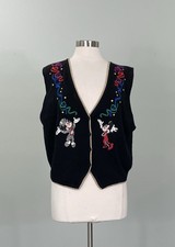 Vtg 90s Disney Store Mickey Minnie Mouse Sweater Vest Black Wool Gold Trim XL picture