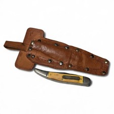 Vtg Western USA S-751 Folding Fish Knife Yellow Composite Bundled W/ Goat Sheath picture