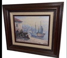 Pretty Vintage Paula Loomis Boats Harbor Oil Painting Framed  picture