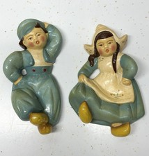 Chalkware Vintage Wall Hanging Plaques Dutch 6.5” Set Of 2 Boy Girl picture