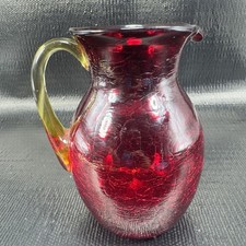 Hand Blown Red Crackle Glass Pitcher Creamer Amberina Cadmium UV Glowing Glass picture