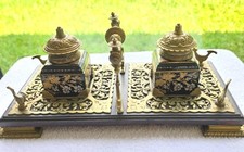 Antique Double Inkwell Victorian Black Porcelian Enamel Flowers W/ Gold W/ Stand picture