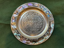 Vintage Mexican Alpaca Silver Embossed Mayan Calendar Abalone Rim 7” Wall Plate picture