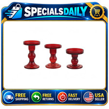 3-Piece Red Glass Candlestick Set, Crystal Holders & Conical Candle, Wedding Dec picture