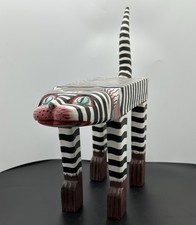 Vintage Indonesian Striped Cat Wood Carved Plant Stand Painted Folk Art picture