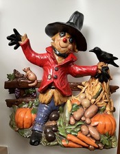 Vintage Ceramic Scarecrow Figurine 12” Fall Harvest Halloween Pumpkin Crow Decor picture