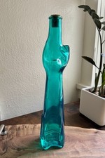 Rheinhessen Riesling Cat Bottle Teal Blue Green Figural Glass Germany Vintage picture