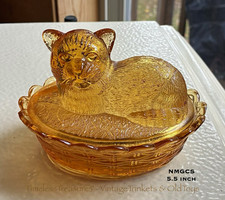 NMGCS Amber Glass Oval Cat Lidded Trinket Jar Basketweave Base 5.5