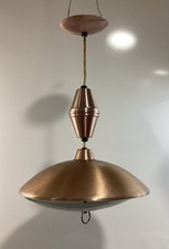 Retractable Vintage MCM Copper Pull Down Swivel Pendant Light Saucer Shape Lamp picture