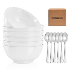 VENVENWEAVS 30 OZ White Thickened Ceramic Bowls Set of 6 Complimentary 6 Spoo... picture