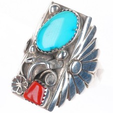 sz14 Dean Brown Navajo sterling silver turquoise and coral big vintage mens ring picture