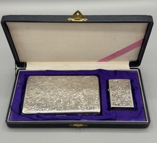 Vintage 95% 960 Silver Etched Cigarette Case And Lighter In Box 159g picture