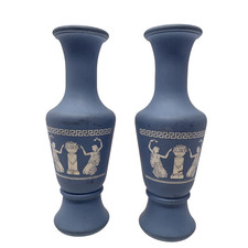 2X Vintage Avon Wedgewood Blue Jasperware Bud Vase Grecian Design 5.75