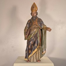 Antique French Gothic Revival Polychrome Wood Bishop Saint Statue 38