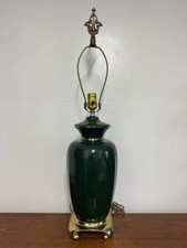 MCM Hollywood Regency Green Ceramic Table Lamp Brass Base Vintage 30” Tall picture