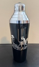 MINT DECO BLACK AMETHYST GLASS FOX HUNT COCKTAIL SHAKER BY ROCKWELL SILVER C1934 picture
