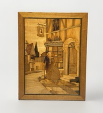 VTG Wood Marquetry Inlay Wall Art Picture Old Curiosity Shop Tudor Scene Chip picture