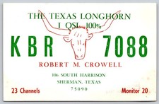 Vintage KBR 7088 CB Radio QSL Card Robert M Crowell Sherman Texas Longhorn B29 picture