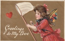Indianola IAca. 1910  Valentine's Day   Girl & Butterfly Net catching a Heart picture