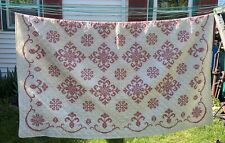 VTG Full / Queen Red Embroided Scroll Handmade Quilt Blanket Country Bedspread picture