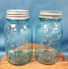Lot Of 2 Vintage Ball Perfect Mason Aqua Blue Quart Canning Jars W/ Zinc Lids picture