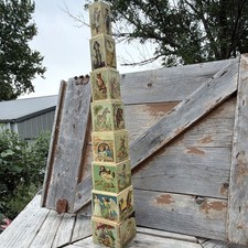 Antique toy storybook alphabet wood stacking/nesting paper lithograph blocks picture