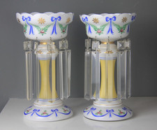 Pair of Bohemian White Cased Glass Lustres w/ Hand Painted Bows & Swags Deco picture