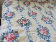 Beautiful Vintage Waverly Yellow PINK ROSES & Blue Bows Heavy Cotton Bedspread picture