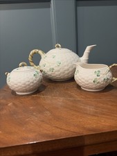 Belleek shamrock basketweave Three Piece Tea Set 14th Brown Stamp picture
