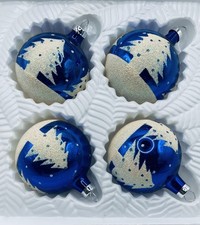 VTG Bradford Novelty Hand decorated Glass Ornaments Set Of 4 BLUE MICA XMAS TREE picture
