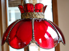 Vintage Ruby Red Glass Scalloped Antiqued Brass Beaded Swag Lamp White Cord 1970 picture