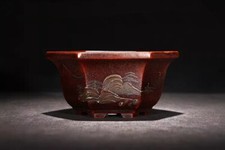 5.1in Chinese Classical Painting Yixing Zisha Flower Pot, Handmade Bonsai Decor picture