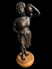 Elegant Bronze Scuplture Woman Water Vessel African Wood Base 18
