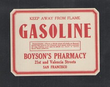 1930s GASOLINE LABEL = BOYSONS PHARMACY SAN FRANCISCO CALIFORNIA { UNUSED NEW } picture