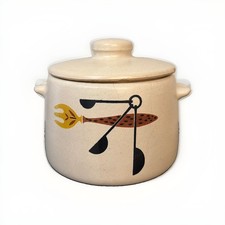 Vintage West Bend USA Stoneware Bean Pot With Mid-Century Utensil Design picture