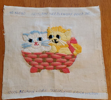 1967 Kittens in a Basket Crewel Embroidery 100% Belgian Linen Unframed 10x10 picture