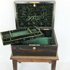 Antique Brass Inlaid Mahogany Coromandel Jewelry Travel Documents Box on Stand picture