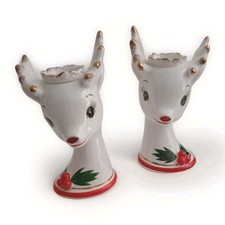 VTG Japan Ceramic Pair Rudolph Red Jewel Nose Reindeer Candle Holders Eckerd 's  picture