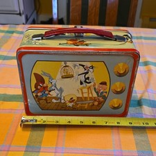 Vintage 1959 Looney Tunes Metal Lunch Box Tin - Red Handle w/ Latch picture